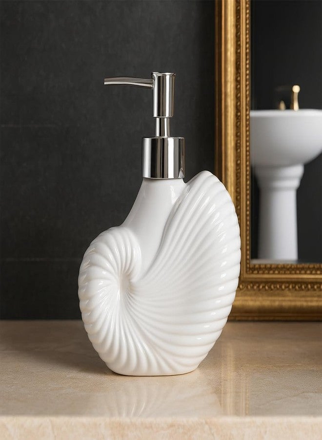Whizzo Ceramic Shell Shaped Liquid Soap Dispenser with Chrome Pump | Elegant Bathroom & Kitchen Accessory | White Glossy Finish | Refillable Handwash Lotion Bottle (420ML, LD-212, Design4) - Image 1